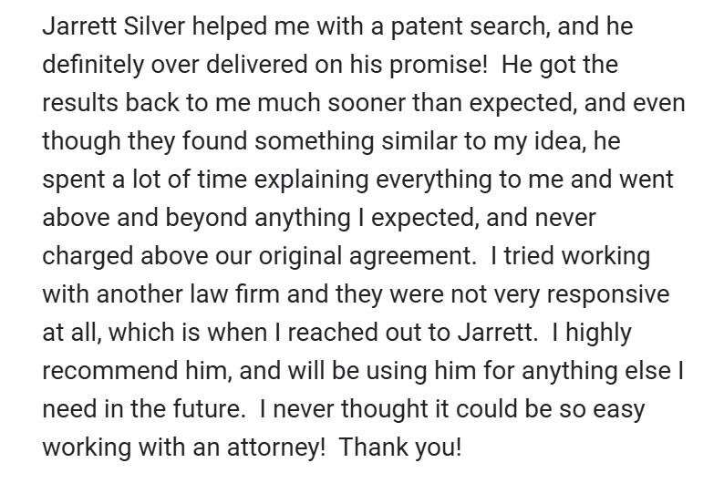 Image of Five Out Of Five Star Review. Client Review "Jarrett is a fantastic attorney that works with clients in a constructive way that adds value to the business."